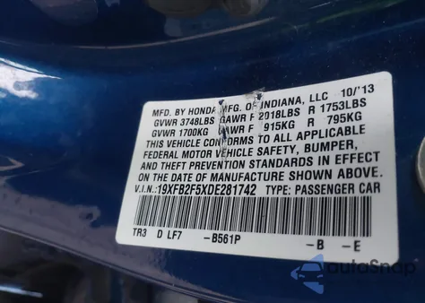 2013 Honda Civic Lx z USA, uszkodzony, nr VIN 19XFB2F5XDE281742